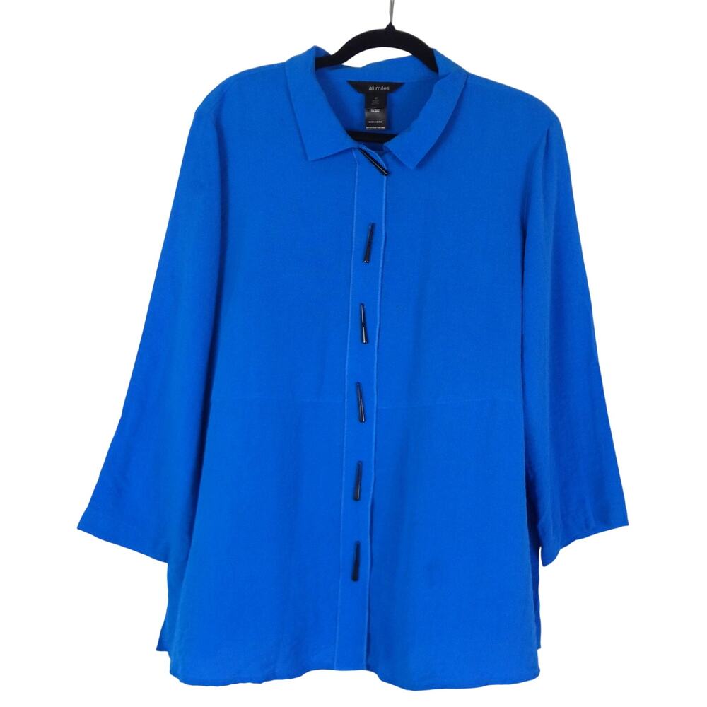 Ali Miles Blue Swing Blouse 3/4 Sleeve Button Up Flowy Womens Medium Tunic Top